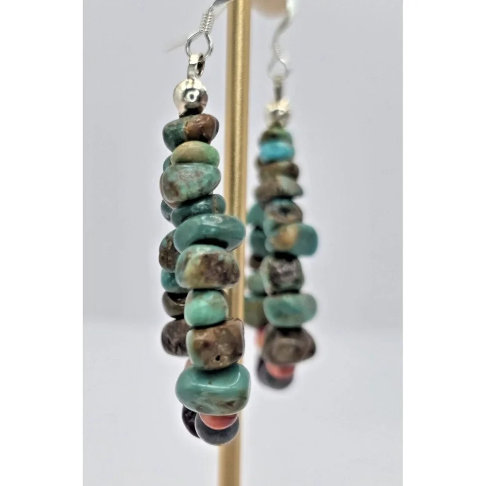 Turquoise‎ Nugget Dangle Earrings Red Coral Navajo Pearls 2